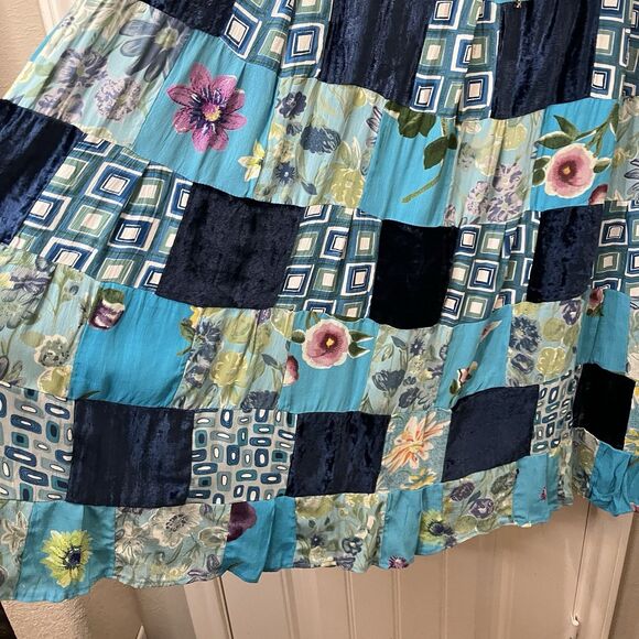 Vintage Midnight Run Blue Patchwork Maxi Skirt Boho Broomstick Mixed Print Sz M - Picture 4 of 13